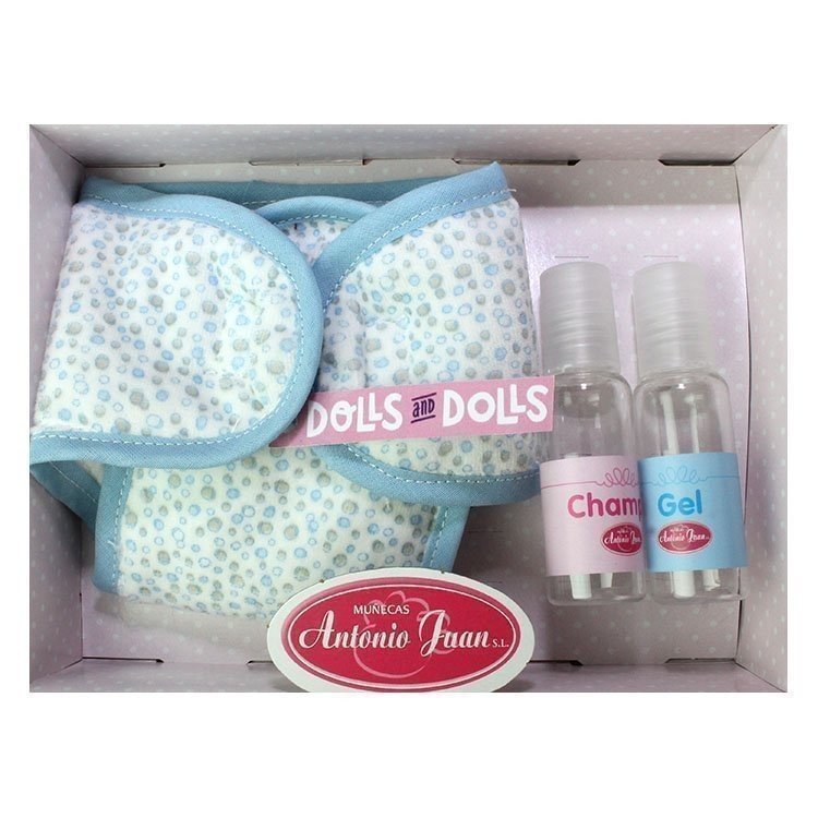Antonio Juan doll Complements - Set blue diaper with little circles, bottle for gel and bottle for shampoo, 40-42 cm