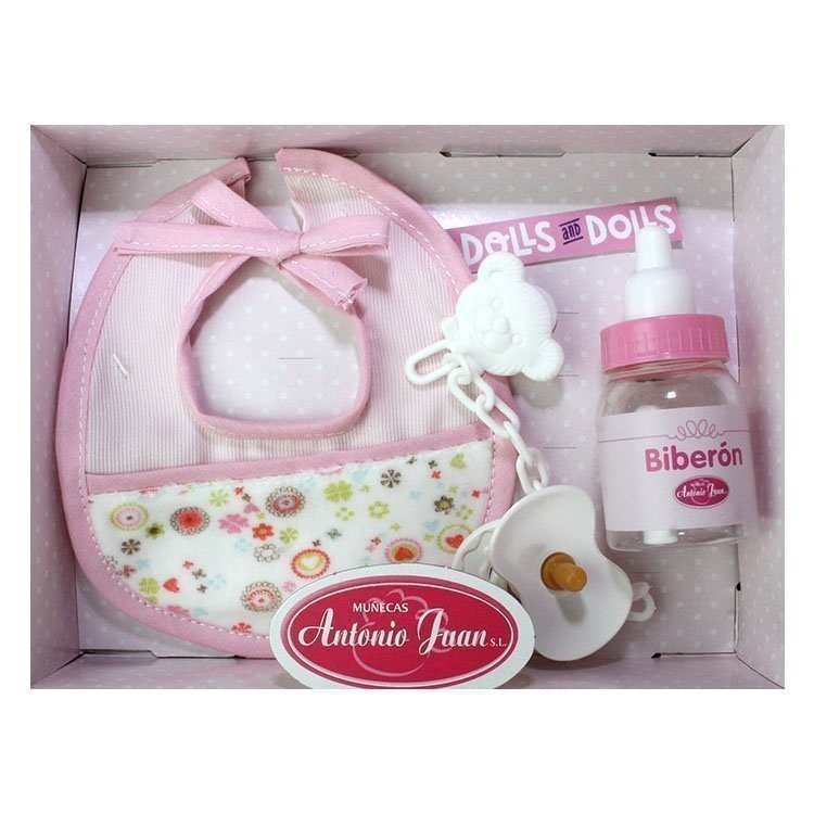 Set pink bib with circles and flowers, bottle and pacifier, 40-42 cm
