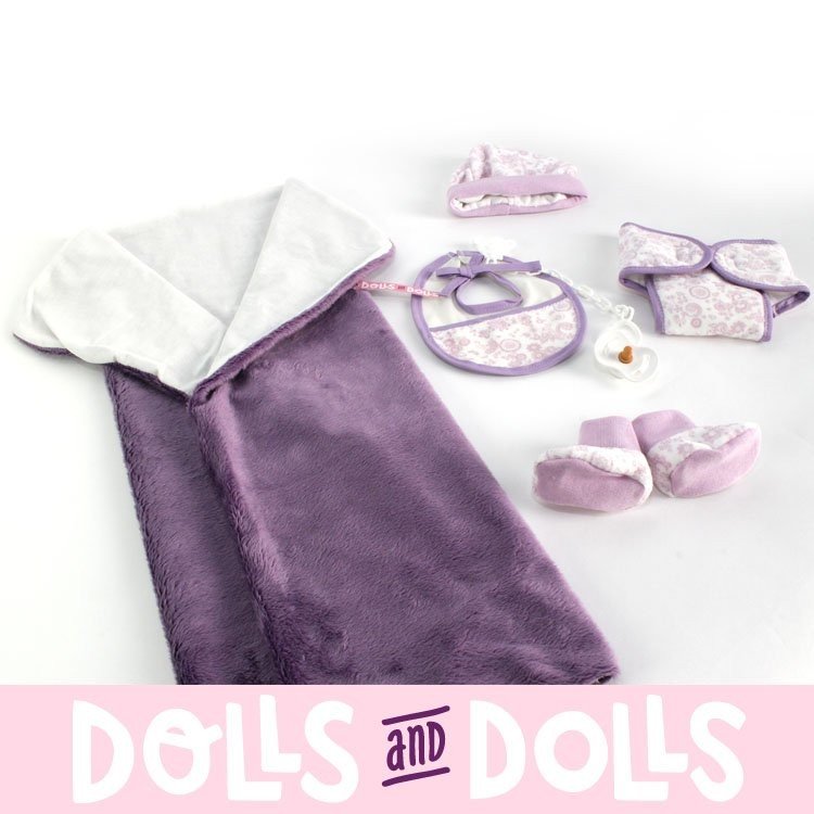 Antonio Juan doll Complements - Lilac set flowers with blanket, panties, booties, bib, hat and pacifier, 40-42 cm.