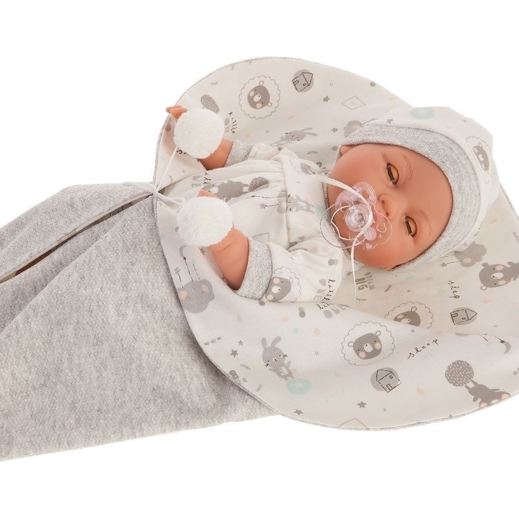 Antonio Juan doll 37 cm - Bimbo with gray baby sleeping bag
