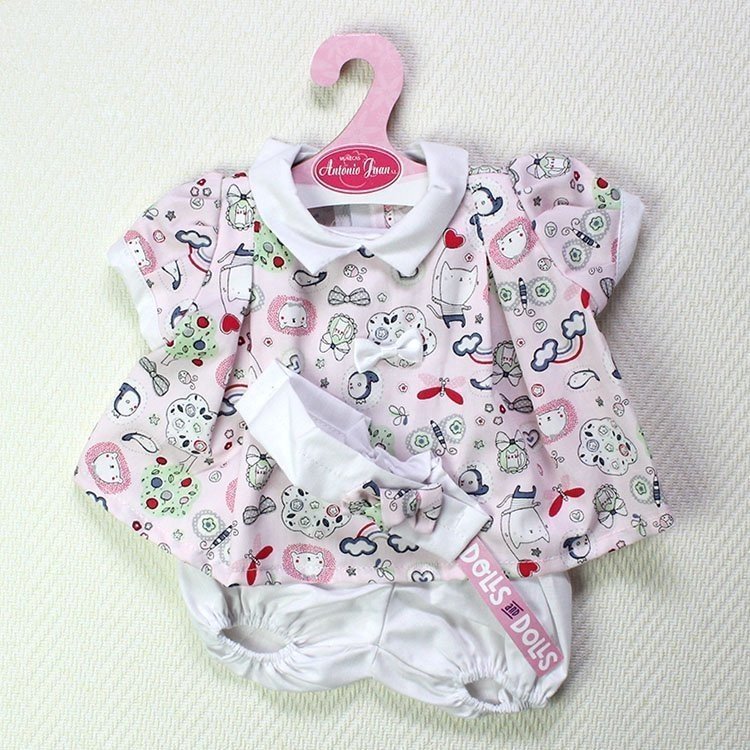 Outfit for Antonio Juan doll - Pink dress with little animals and headband 40-42 cm