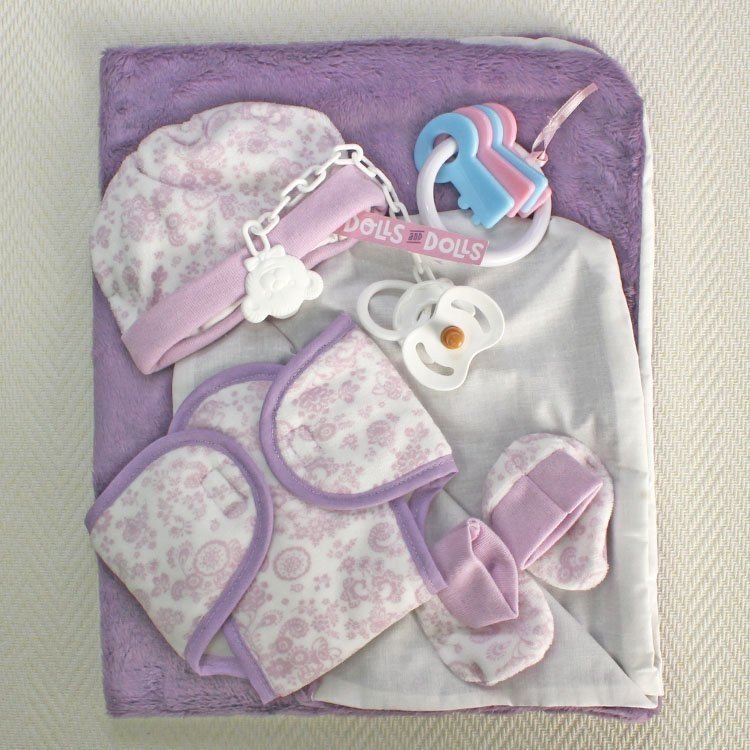 Antonio Juan doll Complements - Lilac flowers set with blanket, panties, booties, hat, pacifier and keys, 40-42 cm