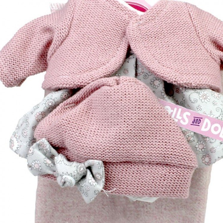 Outfit for Antonio Juan doll 26-27 cm - Grey flowered outfit with pink jacket, hat and blanket 