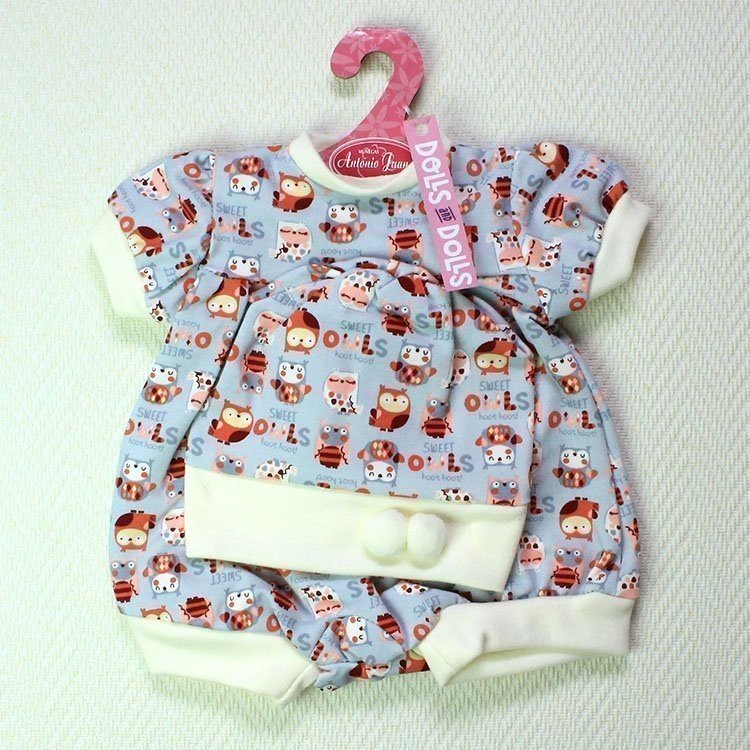 Outfit for Antonio Juan doll - Grayish-blue pajamas with little owls and with hat 40-42 cm