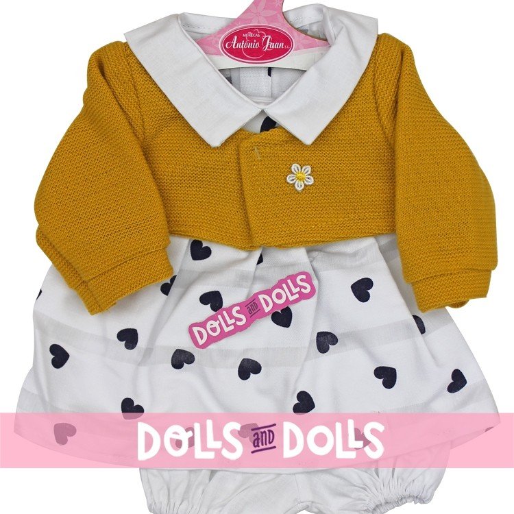 Outfit for Antonio Juan doll 40-42 cm - White dress with hearts and mustard jacket