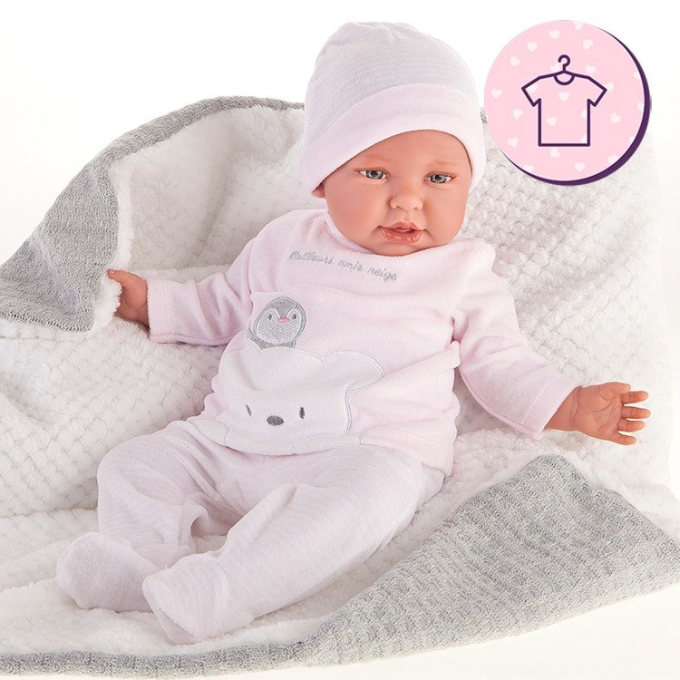 Outfit for Antonio Juan doll 52 cm - Mi Primer Reborn Collection - Pink striped penguin pyjamas with hat