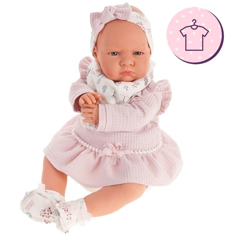 Outfit for Antonio Juan doll 52 cm - Mi Primer Reborn Collection - Pink dress with printed headband, bib and booties
