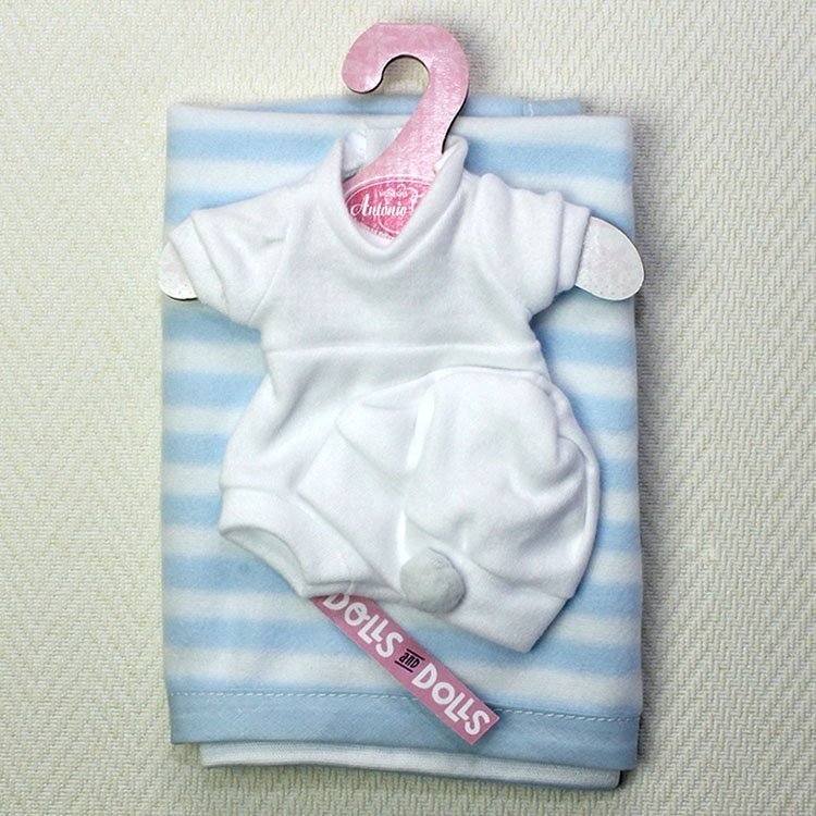 Outfit for Antonio Juan doll  - White rompers with hat with blue stripes blanket 26-27 cm