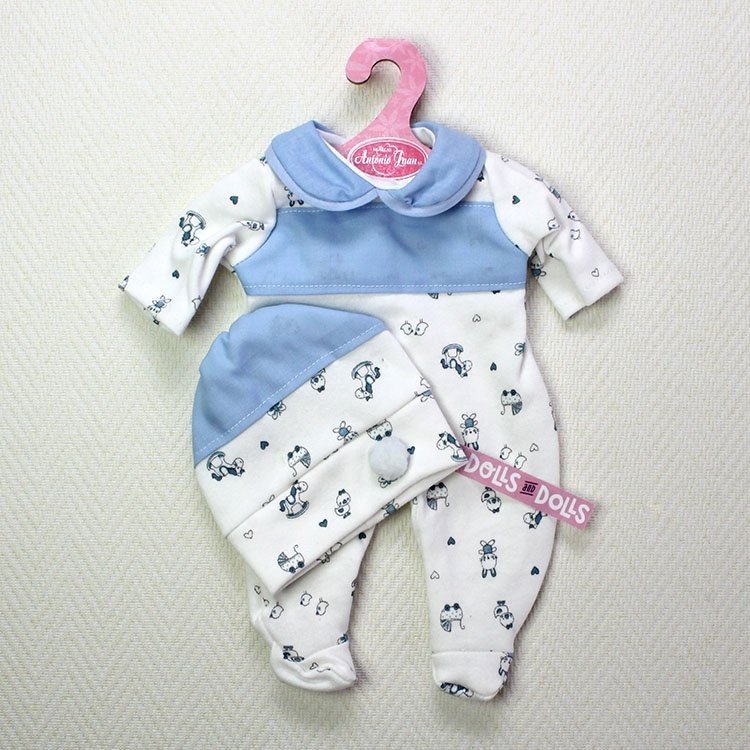Outfit for Antonio Juan doll - White and light blue rompers with pictures and hat 33-34 cm