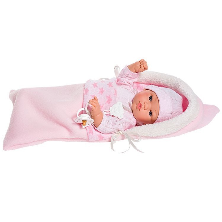 Así doll 36 cm - Koke with knitted rompers with pink stars sleeping bag