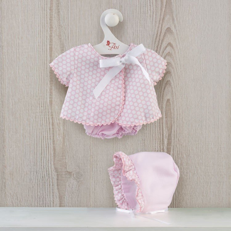 Outfit for Así doll 43 cm - Pique pink dress with white circles for María doll