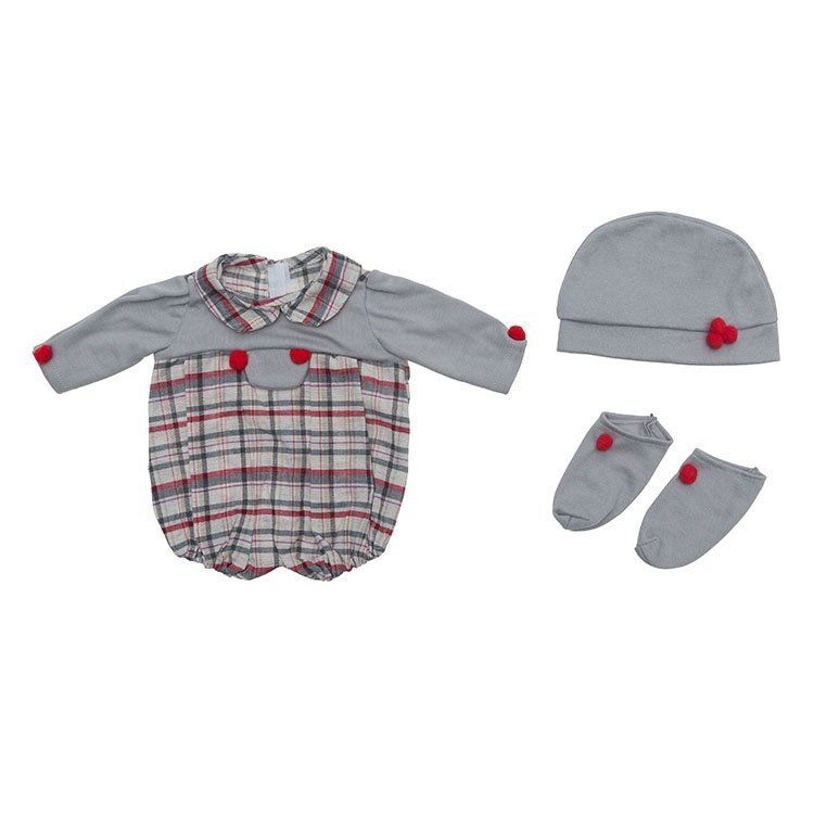 Outfit for Así doll 36 cm - Red and grey Scotch rompers with hat and booties for Chinín doll