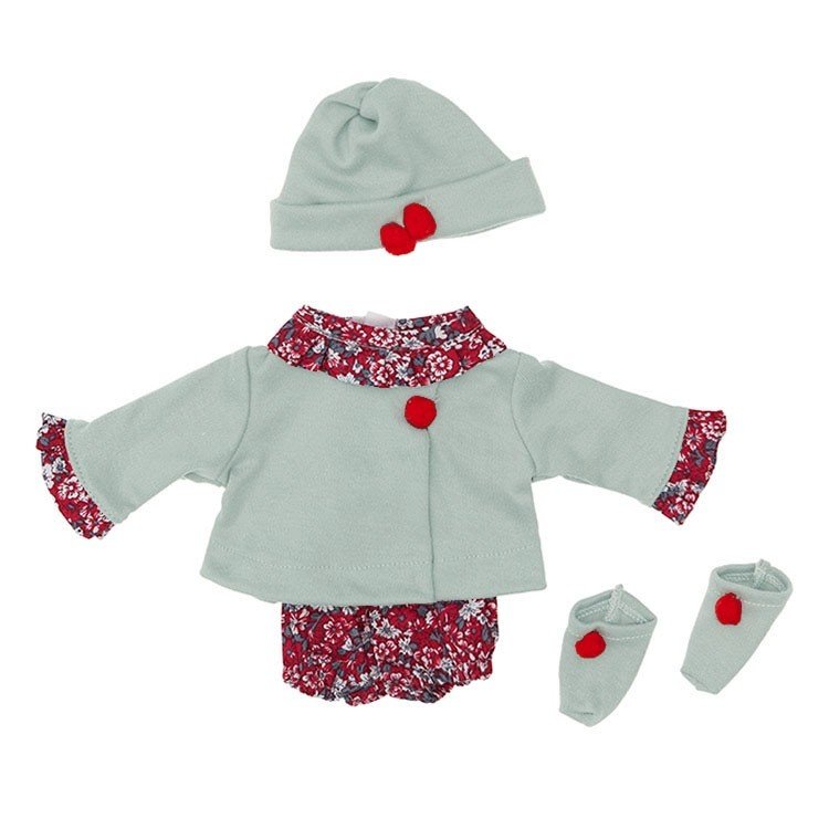 Outfit for Así doll 36 cm - Flowers grey and red rompers with jacket, booties and hat, for Koke doll