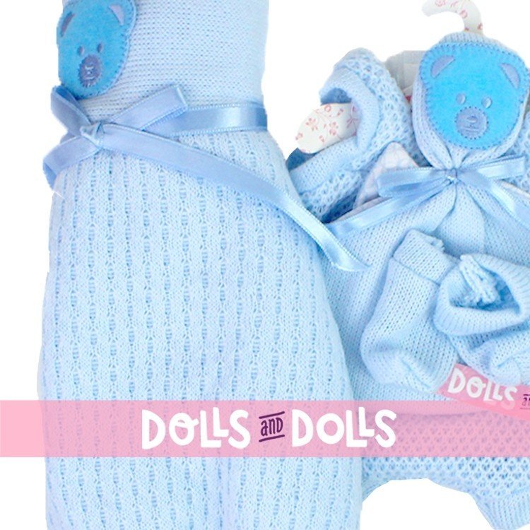 Clothes for Llorens dolls 35 cm - Blue outfit with doudo teddy bear, booties and blanket