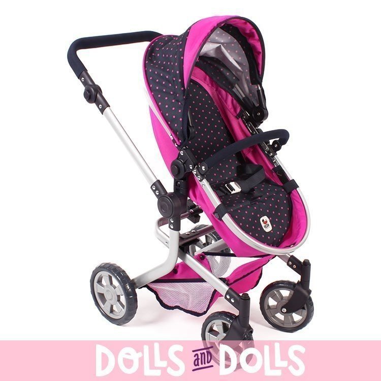 Mika pram 74,5 cm convertible to pushchair for dolls - Bayer Chic 2000 - Fuchsia and Navy with polka dots