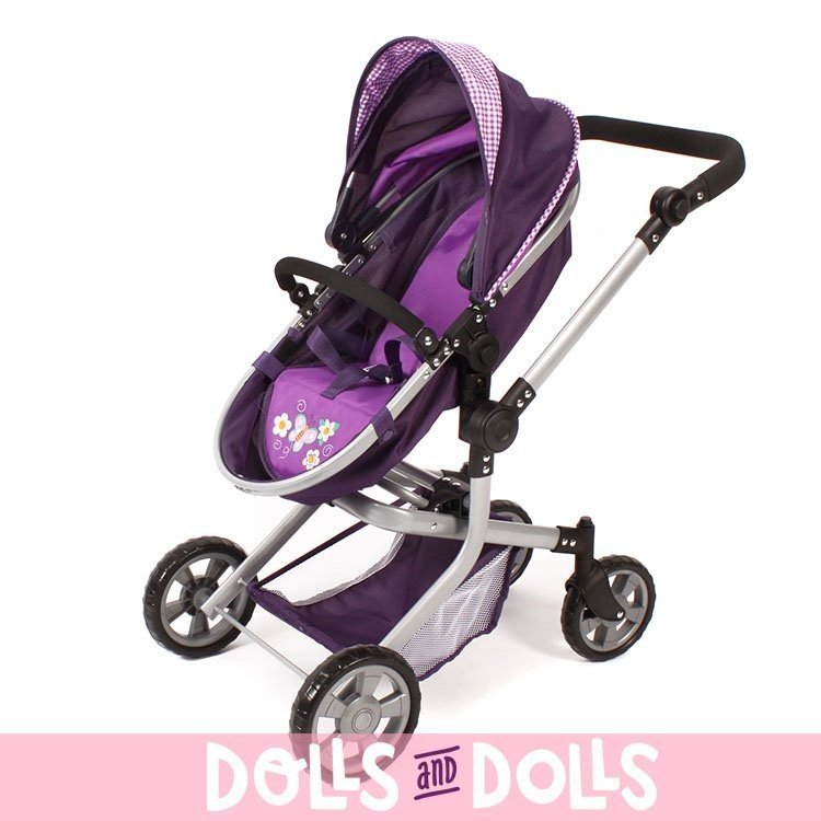 Mika pram 74,5 cm convertible to pushchair for dolls - Bayer Chic 2000 - Checkered and purple with butterfly