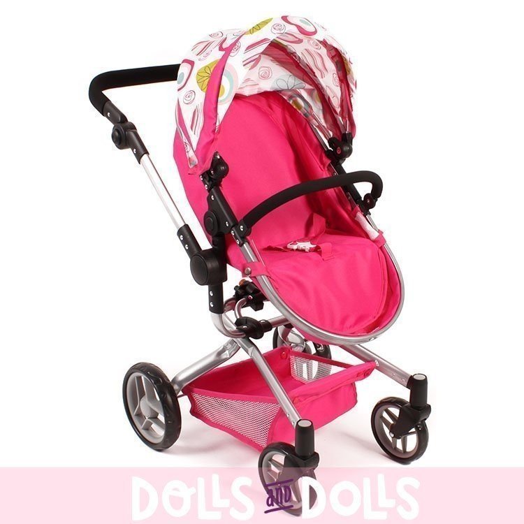 Yolo pram 75 cm convertible to pushchair for dolls - Bayer Chic 2000 - Fuchsia with a print