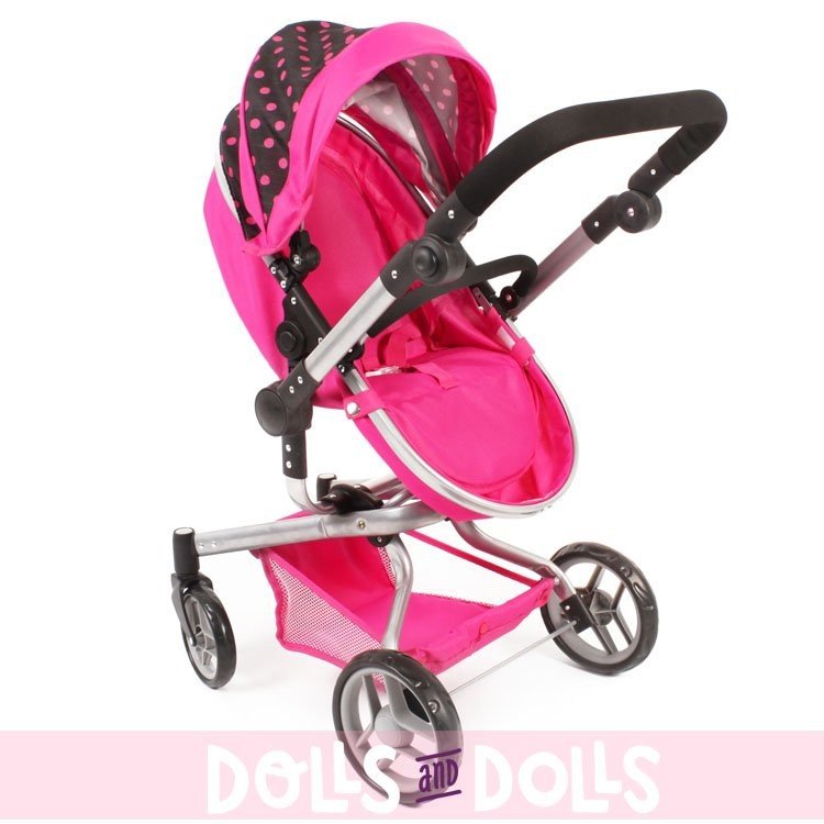 Yolo pram 75 cm convertible to pushchair for dolls - Bayer Chic 2000 - Black-fuchsia with polka dots