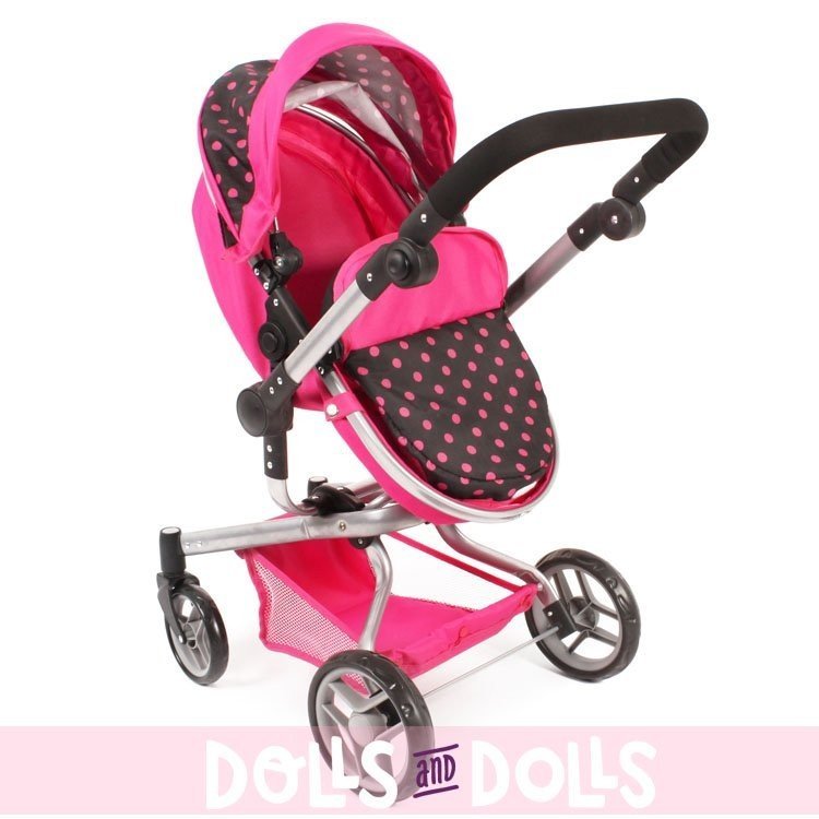 Yolo pram 75 cm convertible to pushchair for dolls - Bayer Chic 2000 - Black-fuchsia with polka dots