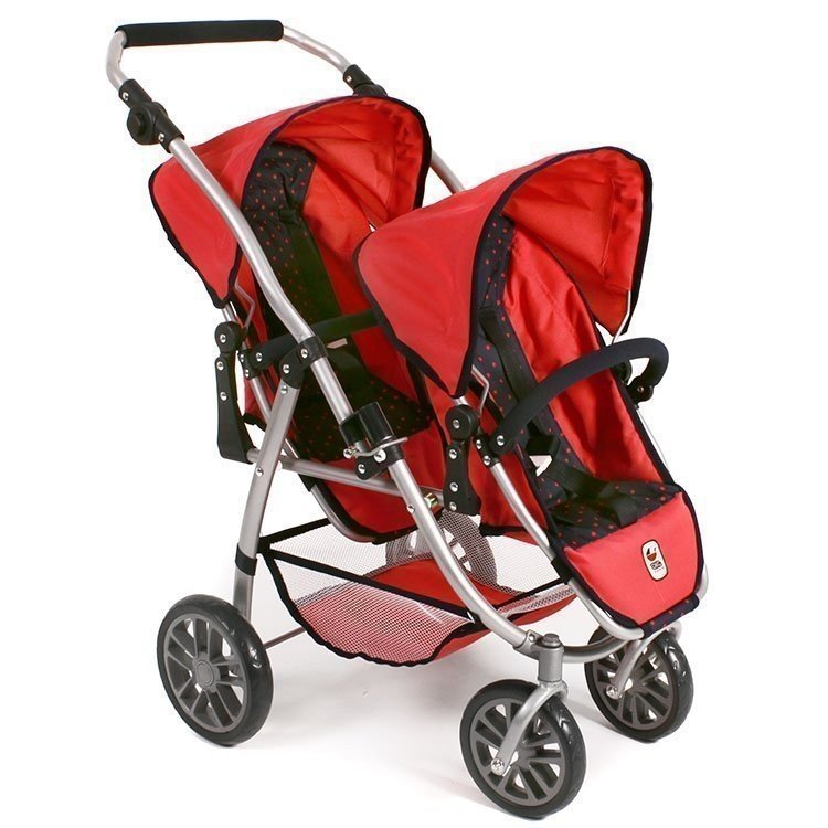 Vario twin Pushchair 79 cm for dolls - Bayer Chic 2000 - Navy-Coral with polka dots