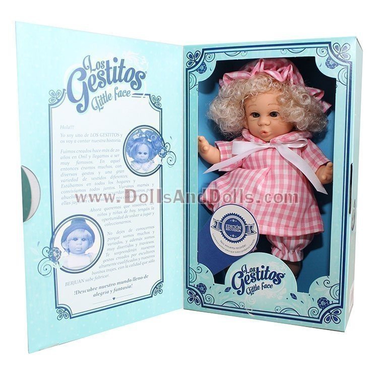 Berjuan doll 30 cm - Gestitos Little face doll - Girl checkered pink dress 