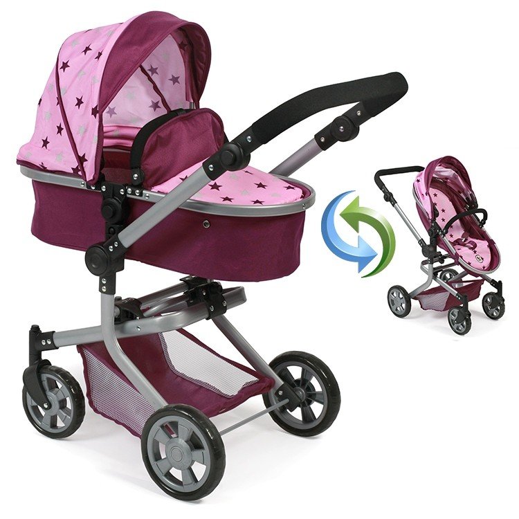 Mika pram 74,5 cm convertible to pushchair for dolls - Bayer Chic 2000 - Raspberry-pink stars
