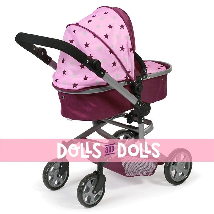 Mika pram 74,5 cm convertible to pushchair for dolls - Bayer Chic 2000 - Raspberry-pink stars