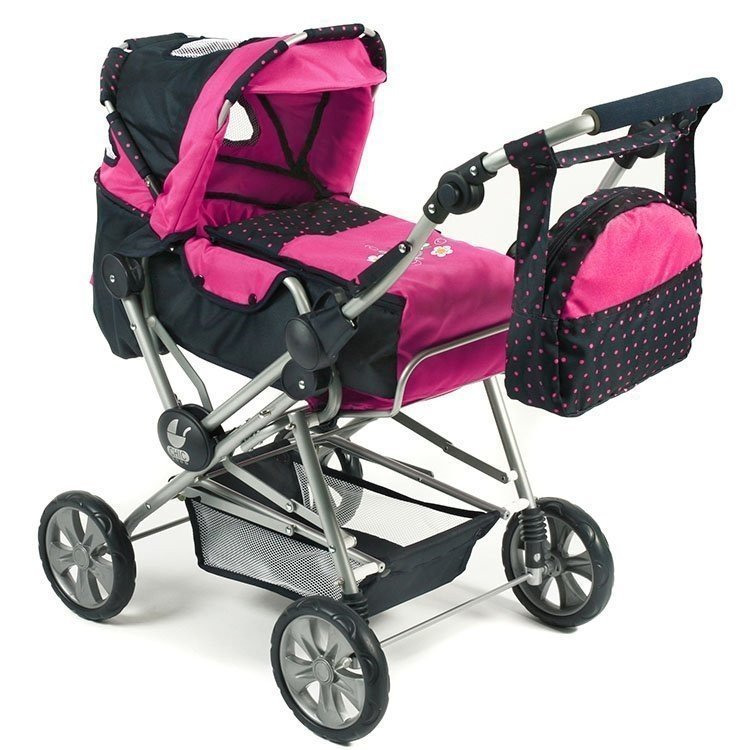 Road Star doll pram 85 cm - Bayer Chic 2000 - Fuchsia and Navy with polka dots