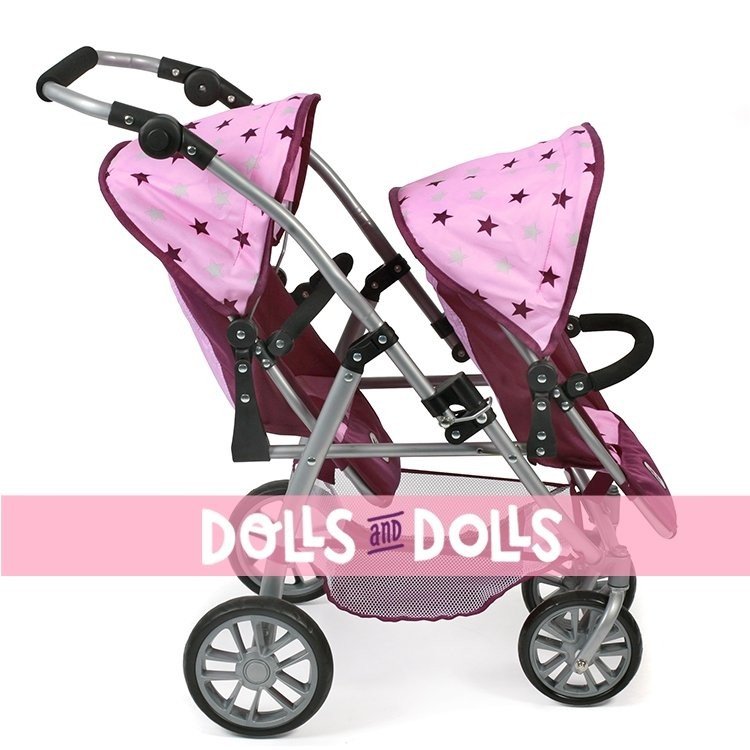 Vario twin Pushchair 79 cm for dolls - Bayer Chic 2000 - Raspberry-pink stars