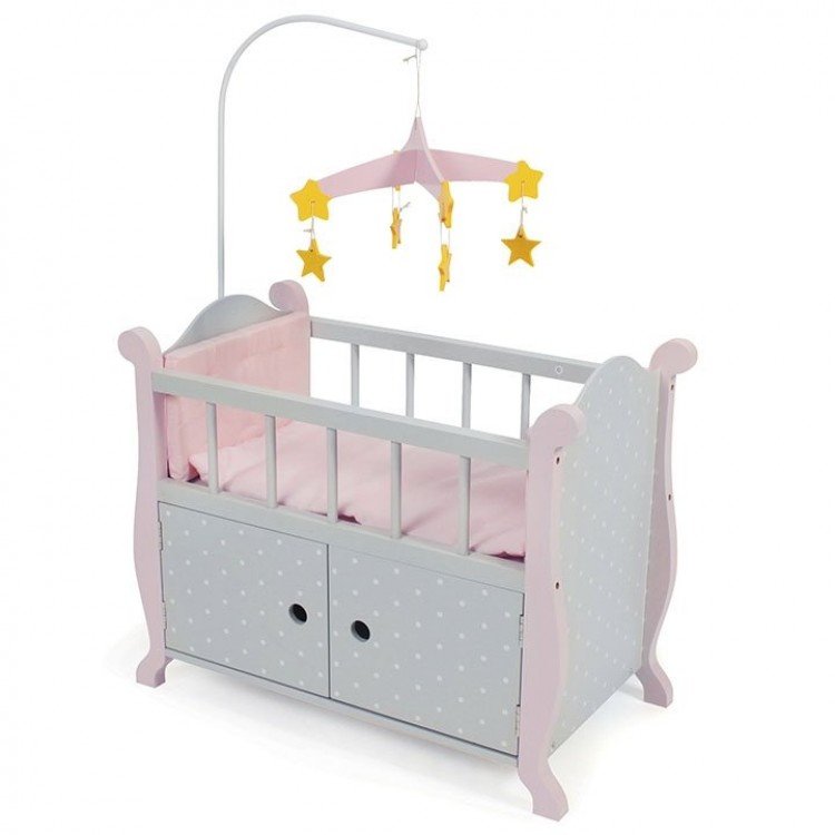 Doll wooden cot with stars mobile for dolls up to 46 cm - Bayer Chic 2000 - Pink and grey