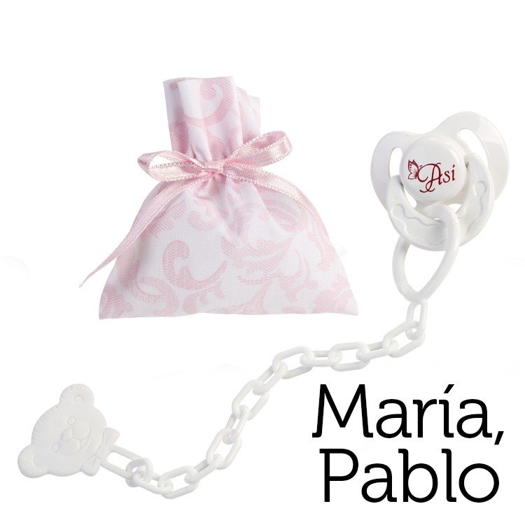 Complements for Así María and Pablo doll - Pacifier with clip and pink and white cashmere bag