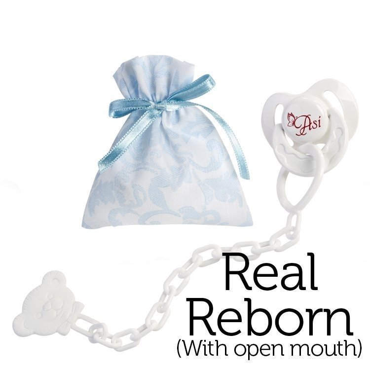 Complements for Real Reborn dolls with open mouth from Así - Butterfly pacifier with clip and light blue and white cashmere bag