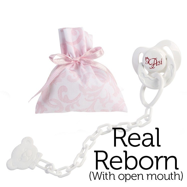 Complements for Real Reborn dolls with open mouth from Así - Butterfly pacifier with clip and pink and white cashmere bag