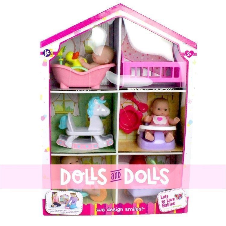 Cardboard house with dolls and accessories - Designed by Berenguer - Lots to Love Babies