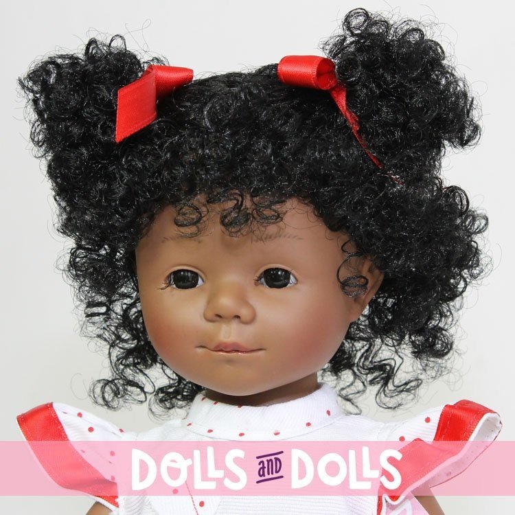 D'Nenes doll 34 cm - African-american Marieta with white dress with red dots