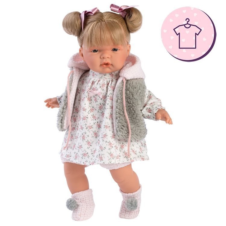 Clothes for Llorens dolls 38 cm - Floral printed dress with pink and grey jacket and booties