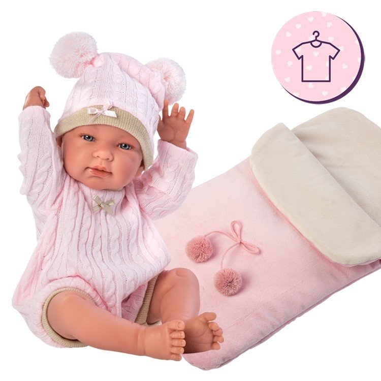 Clothes for Llorens dolls 43 cm - Pink knitted romper with hat and sleeping bag