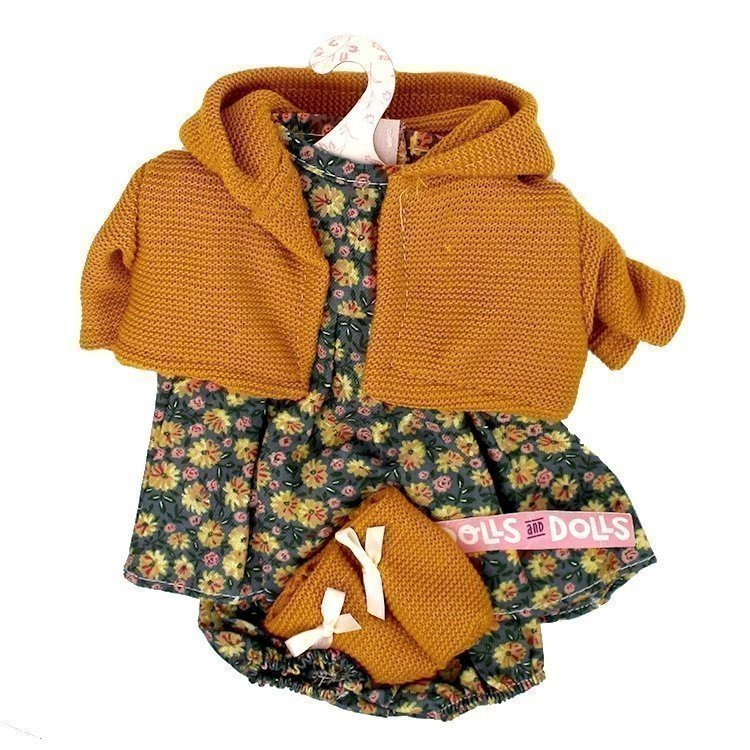 Clothes for Llorens dolls 33 cm - Flower printed outfit with mustard jacket and booties