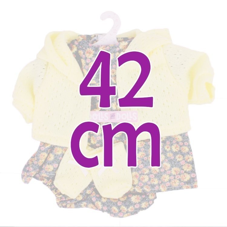Clothes for Llorens dolls 42 cm - Flower printed outfit with yellow jacket and booties
