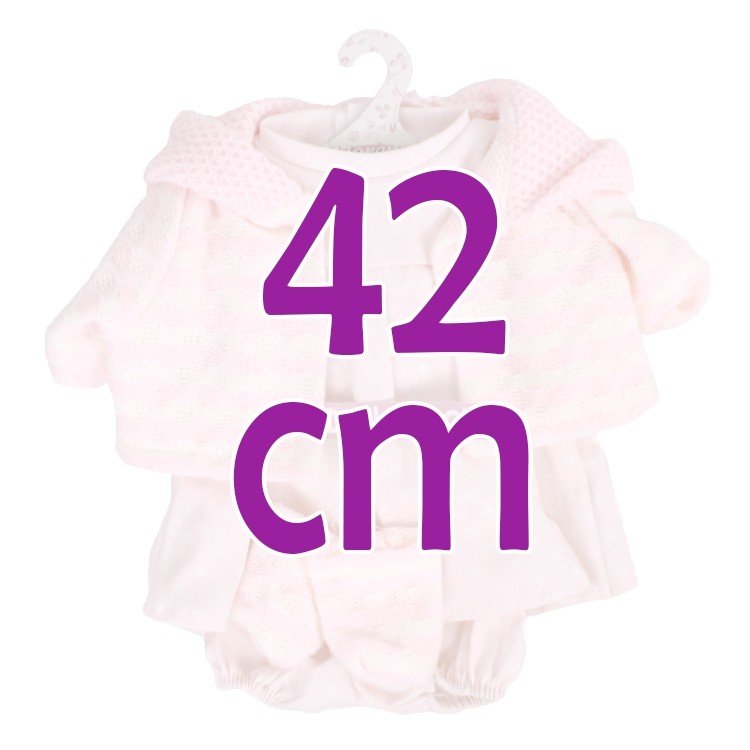 Clothes for Llorens dolls 42 cm - Strip and dots printed outfit with pink jacket and booties