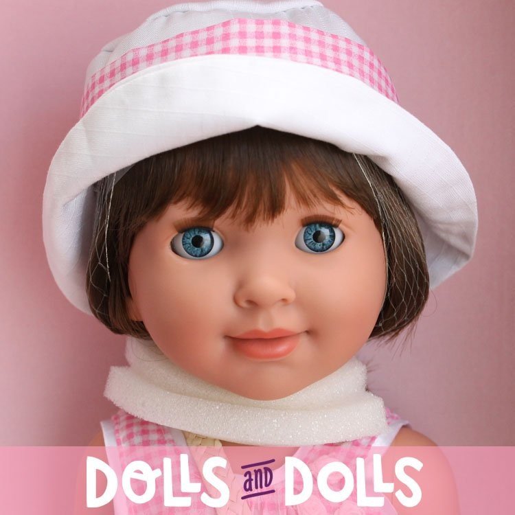 Miel de Abeja doll 45 cm - Carolina with white and pink squares blouse with cowboy trousers with blue eyes