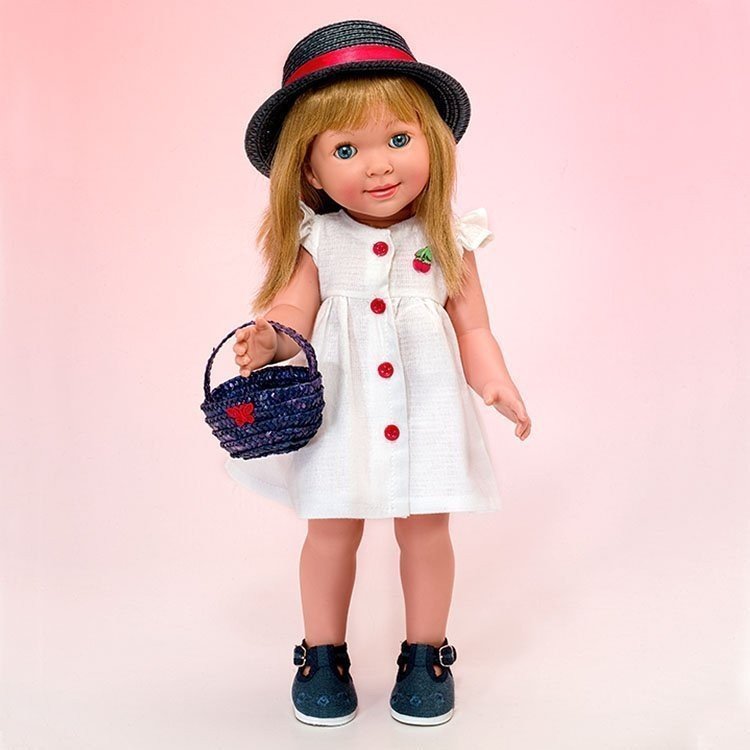 Miel de Abeja doll 45 cm - Carolina with white dress with red buttons