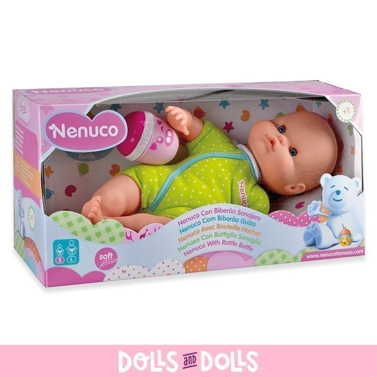 Nenuco doll 35 cm - Nenuco with Rattle Bottle and green rompers