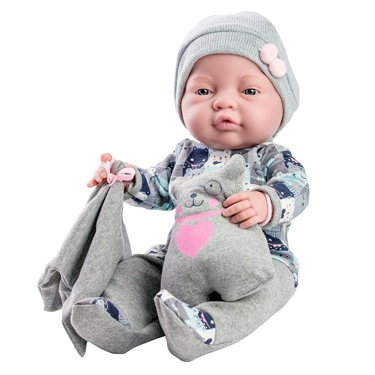 Paola Reina doll 45 cm - Bebita with bear printed grey outfit