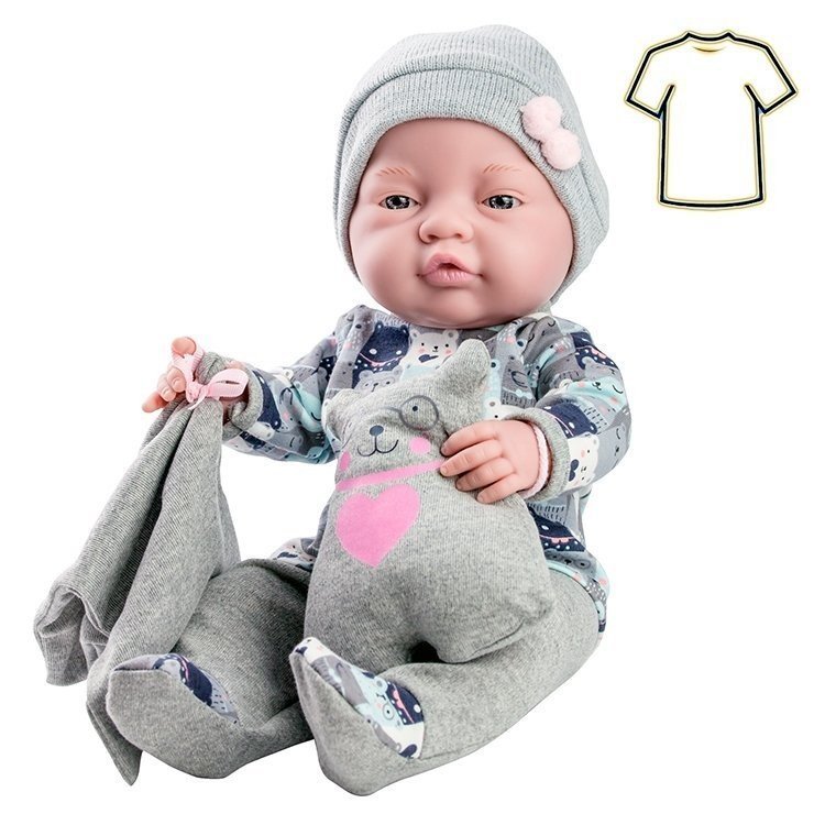 Outfit for Paola Reina doll 32 cm - Bebitos - Bear printed grey outfit with blanket and stuffed toy