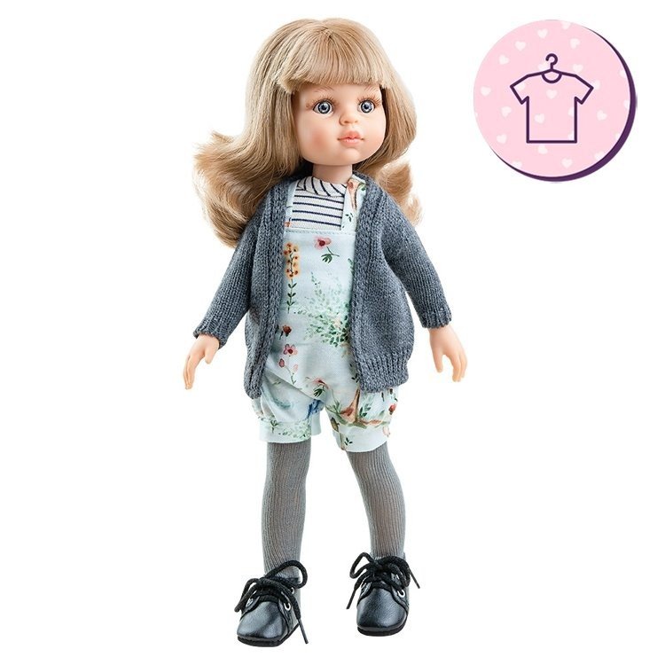 Outfit for Paola Reina doll 32 cm - Las Amigas - Carla flower romper and gray jacket