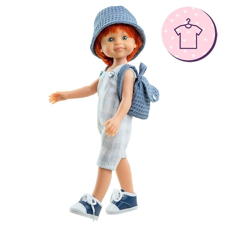 Outfit for Paola Reina doll 32 cm - Las Amigas - Cris plaid jumpsuit, backpack and hat