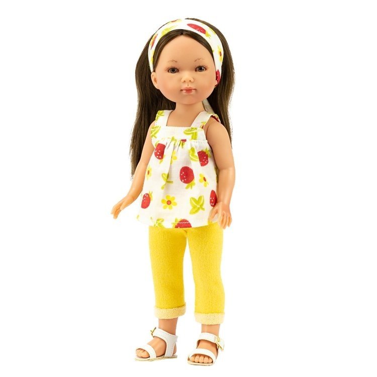 Vestida de Azul doll 28 cm - Carlota with yellow jeans and a fruit print blouse