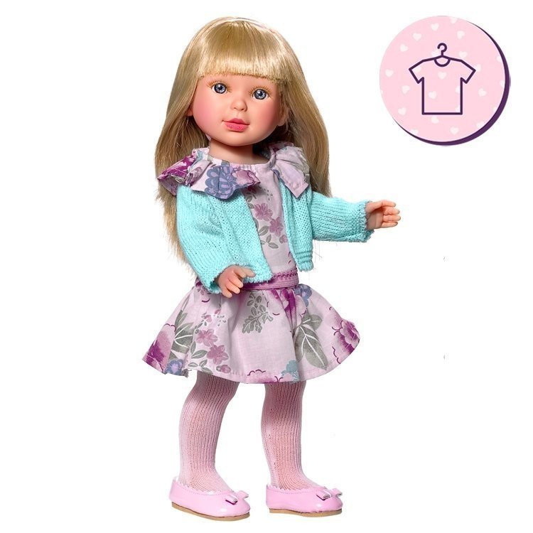 Outfit for Vestida de Azul doll 33 cm - Paulina - Flower printed dress with green knitted cardigan