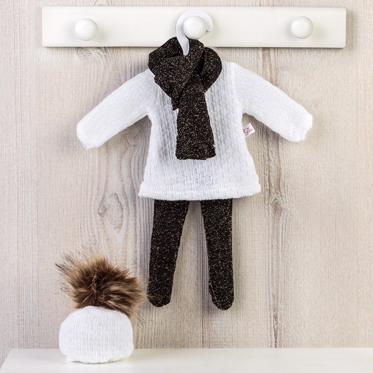 Outfit for Así doll 40 cm - White knitted dress and hat with black leotard and scarf for Sabrina doll